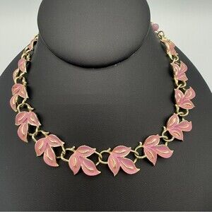 Vintage Signed Coro Lilac Enamel Leaf Choker Necklace